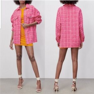 Zara Tweed Textured Woven Pink Plaid Shacket Overshirt- Size XL